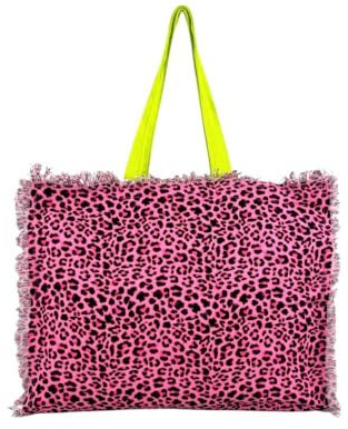 Borsa Mare New Maculato con Zip 100% Cotone Canvas 48x38x16cm Borsa Spiaggia (Fucsia)
