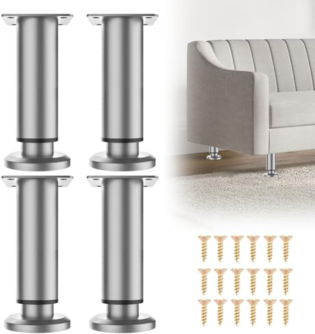 EUBSWA Pieds de Meuble Réglables 12-18cm Acier Inoxydable Gris Lot 4 | Supports pour lit, sommier, armoire, canapé. Base antidérapante, charge 300 kg. Vissage rapide. Anti-rayures