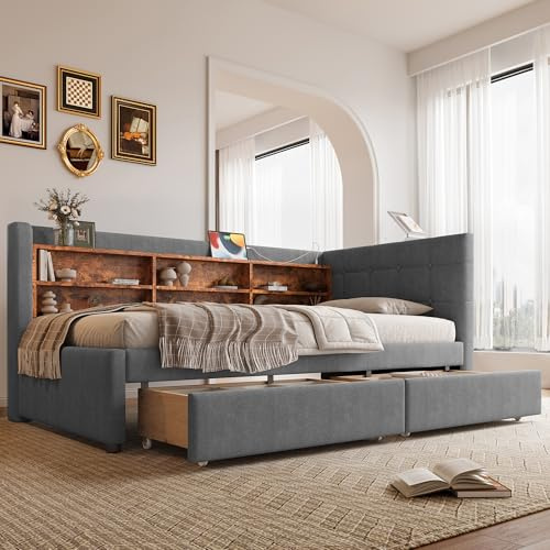 Generisch Modernes Tagesbett 90x200cm mit USB/Type-C, 2 Schubladen & Ablagefächern – Schlafsofa in Grau/Beige, Stabiler Leinen-MDF Aufbau (ohne Matratze)