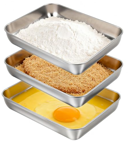 VINATO Panierstraße 3-teilig aus Edelstahl,Panierschalen Set für Schnitzel,Edelstahl Schale Rechteckig für Fisch, Fleisch und Gemüse, 25.5x20x4.5cm
