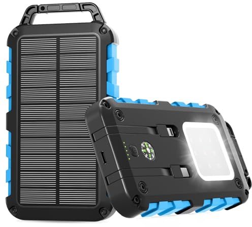 yingmo Batterie Externe Solaire 10000mAh 22.5W PD pour Smartphone et Plus | 2 Câbles Intégrés USB-C+Lightning, Port USB-C 22.5W, Lampe 3 Modes, Boussole, Étanche IPX6 pour Extérieur
