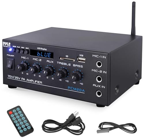 Pyle Compact Mini Home Power Amplifier - 40W Smart Small Audio Stereo Receiver w/ AUX 2 Microphone IN COM/8-Ohm/25V/70V Speakers LED Input Selector For PA Amplified Speaker Sound System - PCM20A