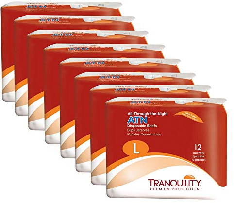 Tranquility Premium ATN Disposable Briefs with Tabs, Overnight Protection Superabsorbent Core for Leak-Free and Full-Fit Comfort, Large 96ct Case