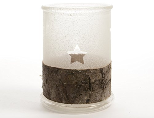 Windlicht Teelicht Glas Zylinder edel mit Rinde beschneit Stern Weihnachten Winter H 10 cm