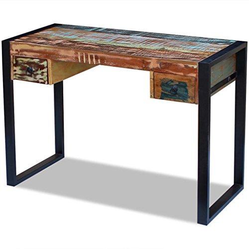 Festnight Bureau d'Ordinateur, Table de Bureau, Table Console de Bureau en Bois de récupération avec Deux tiroirs Multicolore 110 x 50 x 77 cm