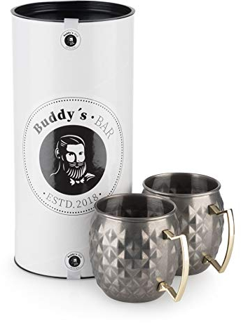 Buddy´s Bar - 2 Moscow Mule Becher, 500 ml, hochwertige Edelstahl-Becher mit Ananas Struktur, lebensmittelecht, Pineapple-Skin Cocktail Becher inkl. Geschenkbox, 2er Set, Edelstahl antik