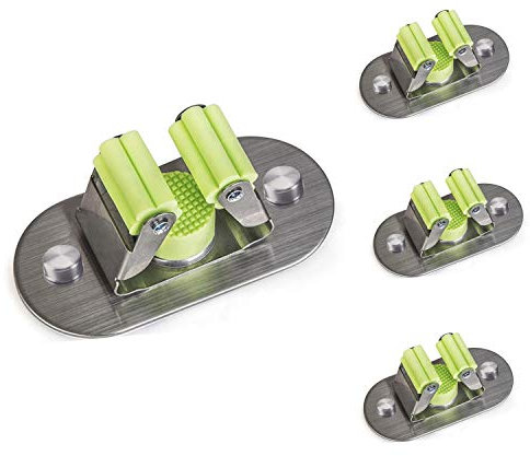 Meiyijia - Portaescoba de Pared multifunción, taladrado de Tornillos y Autoadhesivo para mopa Escoba, Soporte 304 Cepillado, Inoxidable, para Colgar Herramientas, 4 Piezas