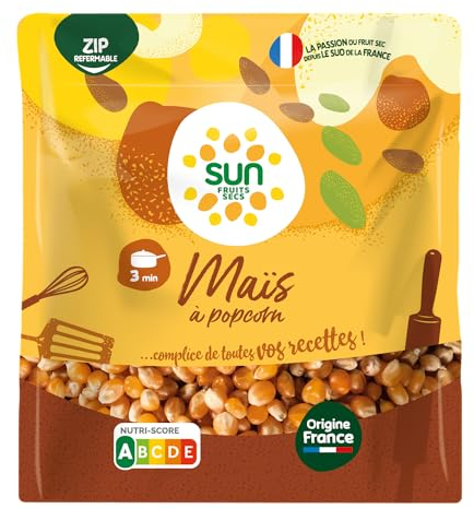 SUN - Maïs à Éclater 250 g - Maïs pour Pop Corn - Maïs en Grains pour Cuisson Poêle, Casserole, Micro-Ondes & Machine à Popcorn - À Saler ou Sucrer - Anniversaire, Fête, Cinéma, Film