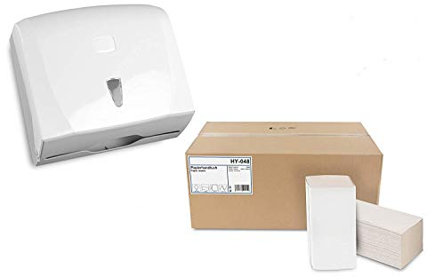 Handtuch-Papierspender Set | Kapazität für ca. 300 Blatt ZZ-Falz | modernes Design, weiß | Sichtfenster zur Verbrauchskontrolle | inkl. 5000 Stück Handtuchpapier 1-lagig, ZZ-Falz, 25x23 cm, Recycling
