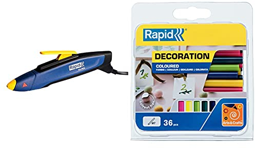 Rapid EG Pen Incollatrice a caldo 7mm. Incollatrice con 36 stick di colla colorati per piccoli lavori artistici e decorazioni