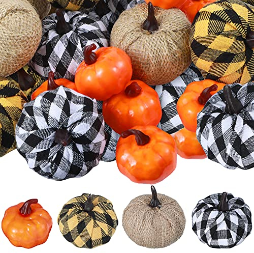 18 Stücke Buffalo Plaid Kürbis Dekor Halloween Künstlicher Kürbis Künstliche Kürbisse Herbst Dekor Dekorative Herbst Kürbisse für Erntedankfest Rustikal Bauernhaus Indoor Outdoor Dekor