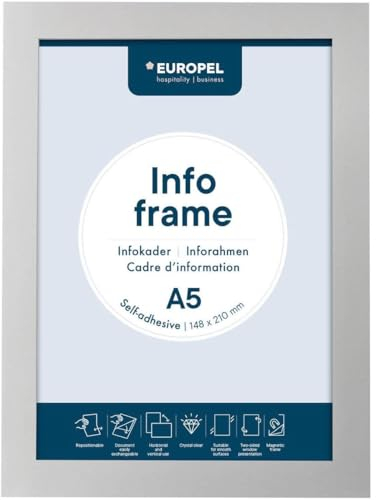 EUROPEL Selbstklebender magnetischer Info-Rahmen aus PVC, A5 Silber, 2er Set, einfach ablösbar durch Magnet, doppelseitig, Hoch- oder Querformat, 23,8 x 17,6 cm