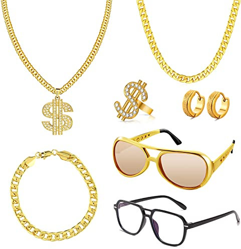 PLULON 8-teiliges 90er-Jahre-Hip-Hop-Kostüm-Set, 80er-Jahre-Hip-Hop-Sonnenbrille und goldene Ringe für Männer, Frauen, Rapper, Kostüm, Karnevalszubehör, 80er-Jahre-Kostüme für Frauen und Männer