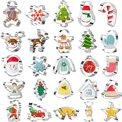 Keepaty Cortadores de Galletas de Navidad, 25pcs Moldes de Galletas, Forma de Reno, Muñeco de Nieve, Árbol de Navidad, Copo de Nieve, Hombre de Jengibre