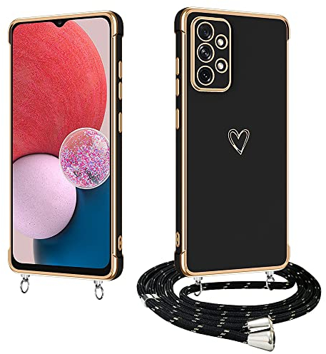 E-Lush Handyhülle für Samsung Galaxy A13 4G Hülle mit Band, Herz Love Muster Galvanik Silikon Handykette für Samsung A13 4G Schutzhülle mit Kordel zum Umhängen Kameraschutz Stoßfeste Case, Schwarz