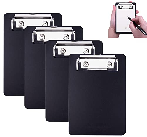 AZWOOD Mini Klemmbrett, 10 x 15cm Kunststoff-Klemmbrett, Kleine Klemmbretter mit Stifthalter für Notizblöcke, Quittungen, Taschenlisten(Schwarz, 4 Stück)