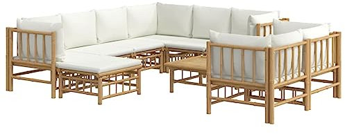 vidaXL Salon de Jardin 10 pcs avec Coussins Blanc crème Bambou, Ensemble de Salon, Ensemble de Salon extérieur, Ensemble de mobilier d'extérieur