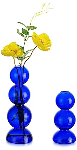 Hewory Kleine Vasen für Tischdeko: Blaue Bubble Vase aus Glas, Modern Deko Aesthetic Klein, Mini Set Runde Kugelvase für Wohnzimmer Hochzeit Room Decor
