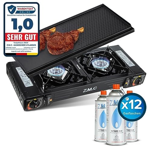 Z.M.C Premium Camping Gaskocher 2-flammig + Grillplatte + 12 Gaskartuschen 227g, Campingkocher mit Transportkoffer für Outdoor und Innenraum, Balkon Tisch Doppelgaskocher mit Piezozündung