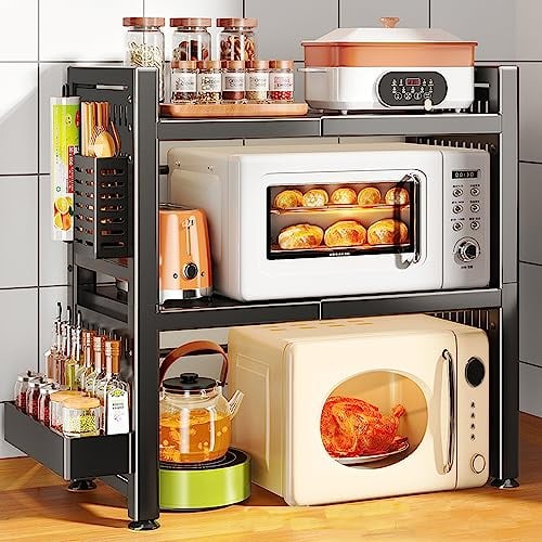 Rejilla de Horno Extensible de Soporte Extensible para Horno de Microondas Regulable en Altura con un toallero de papel, 6 ganchos, un organizador de especias, una caja de palillos (3 Niveles)
