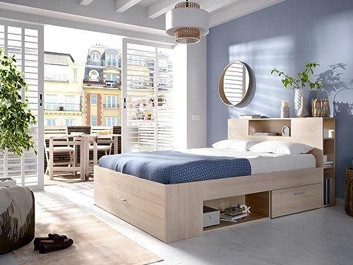 Vente-unique - Bett mit Kopfteil, Stauraum & Schubladen - 160 x 200 cm - Holzfarben + Lattenrost + Matratze - Leandre