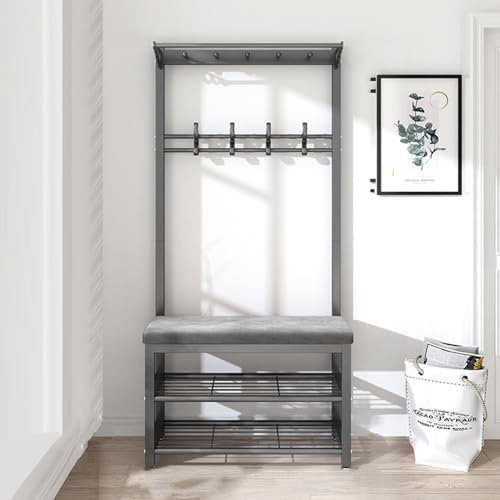 KIYIYDMM Coat Rack with Shoe Storage - Hall Tree Industrial style Entrance Unit with Bench, Freestanding Entryway Storage Shoe Rack with Hooks Storage Shelf for Entryway, Hallway