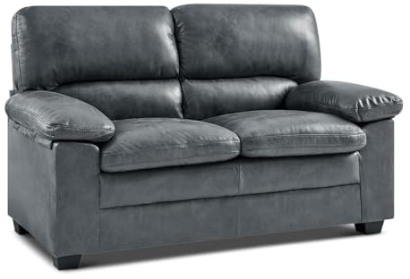 Bravich Oxford 2 Seater Sofa. Grey Faux Leather Sofa, Two Seater Bonded Leather Couch. Large Sofas For Living Room Furniture, Easy Wipe Clean. Two Seater Sofa, Grey, 153cm x 83cm x 93cm.