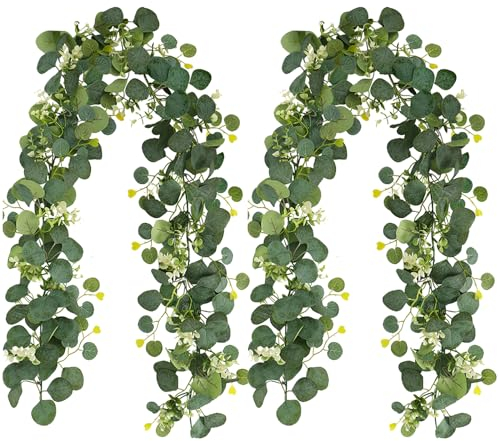 2 Stück Künstliche Eukalyptus Girlanden mit Weiße Blume Girlande Weinblättern Blätter, Künstliche Pflanze Hängepflanze für Hochzeitsbogendekorationen, Tischdecken-Mittelstücke, Wand Reben Blätter