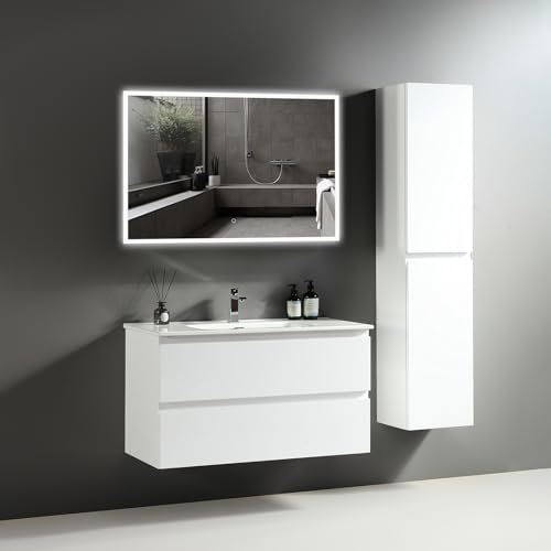 Alpenberger Badmöbel Set mit Waschbecken | Badezimmer Spiegel mit Beleuchtung | Badschrank Hochschrank | Hängeschrank Bad | Waschtisch mit Unterschrank 100cm (Vivento 100 Weiß)