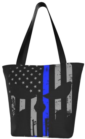 AABSTBFM Große Tragetasche für Damen und Mädchen, mit Glitzer-Druck, vielseitige Umhängetasche, Einkaufstasche und Strandtasche, Schwarz, Blau gestreift Sterne Totenkopf, Einheitsgröße