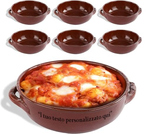 NOBILE LOVELYCARE 6 tegamini in terracotta 15x5cm con testo PERSONALIZZABILE ciotole in terracotta per pasta al forno gnocchi fusilli al tegamino, sagre ed eventi all'aperto 100% Made in Italy