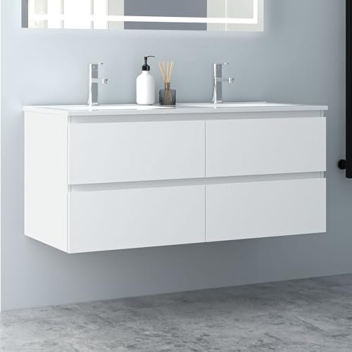 Biubiubath Badezimmermöbel 120cm Keramik Waschtisch mit Unterschrank Badmöbel Set Badezimmerschränke mit 4 Soft-Close Schubladen Weiß Matt
