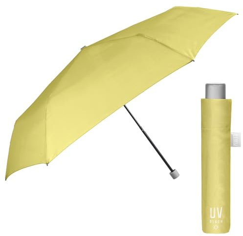 PERLETTI Paraguas para el Sol Plegable Extra Compacto - Paraguas con Filtro Solar Mujer Hombre Antiviento Pequeño - Sombrilla Anti UV y Lluvia Súper Slim Manual de Viaje - Diámetro 91 cm (Amarillo)
