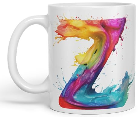 Vixar Letter Z Mug, Alphabet Letter Z Monogram Watercolour Ceramic Coloured Mug Cup for Tea Coffee Hot Brew 330ml 11Oz Gift (White)