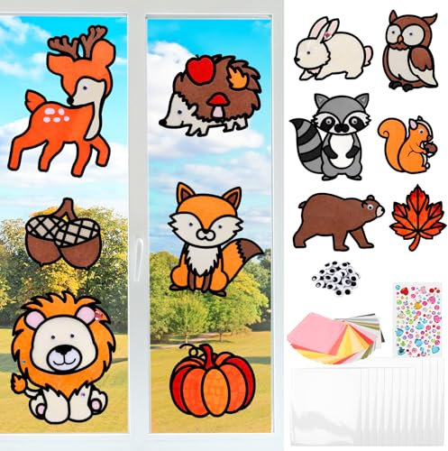 MONCAP 12 Stück Herbst Basteln Kinder Tier Bastelset Papierbastelset Kreativsets Mit Igel Eule Herbstdeko Fensterbilder Kunsthandwerk für Mädchen Jungen Party Geschenk