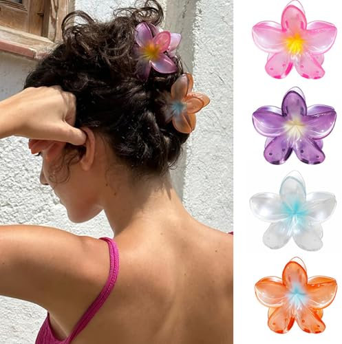 IOSPKKIO® 4 pinzas para el pelo con diseño de flores, pinzas antideslizantes de fuerte sujeción para pelo grueso. Pinzas con flores hawaianas para mujer, color transparente