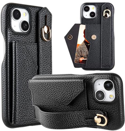 AKABEILA Compatible with iPhone 13 Pro Wallet Case Slim PU Leather Shockproof with Card Holder Clasp Hand Strap Stand 6.1 Inch Black