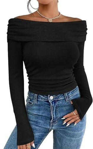 SHEKINI Womens Long Sleeve Tops Slim Fit Off Shoulder Blouse Top Fashion Casual T-Shirt Top