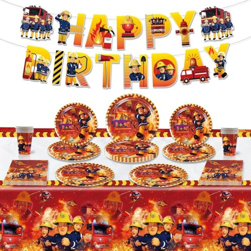 Set de vaisselle Sam le pompier Doyomtoy 62 pièces pour les anniversaires d'enfants, les réunions d'amis et les mariages, avec assiettes en carton, gobelets en carton, nappes et serviettes, bannières