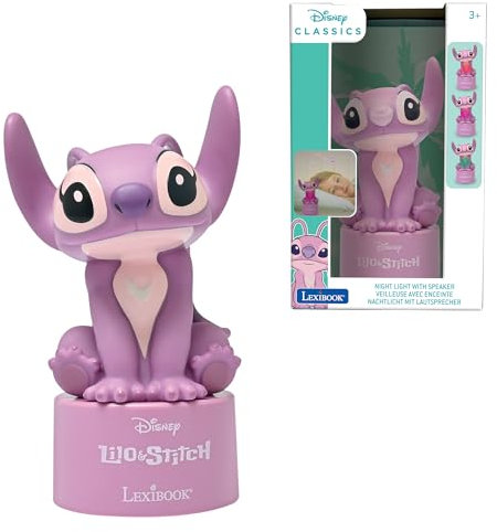 LEXIBOOK, Disney Stitch, Luz Nocturna Angel con Altavoz, Cambio de Color, Luz Suave, Funciona con Pilas, Rosa, NS01D1