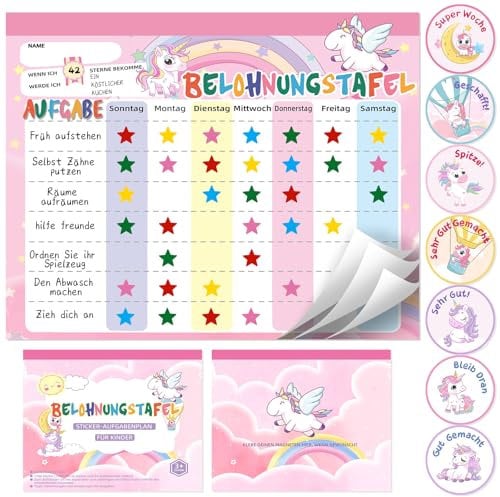 khlerox Belohnungstafel Kinder magnetisch 26 Seiten, 1680 Sterne und 84 Motivationssticker, Belohnungssystem Kinder Wochenplan zur Förderung von Verantwortung und Guten Gewohnheiten (Einhorn)