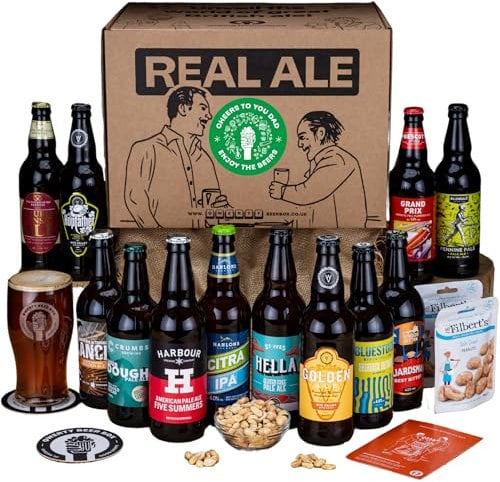 Deluxe British Real Ale Cheers Dad Beer Gift for Dad - 12x500ml Traditional Ales with 2 Snacks & Craft Beer Tasting Guide by QWERTY Beer Box - Beer Gift for Men, Men Beer Gift, Mens Hamper, Dad Gift