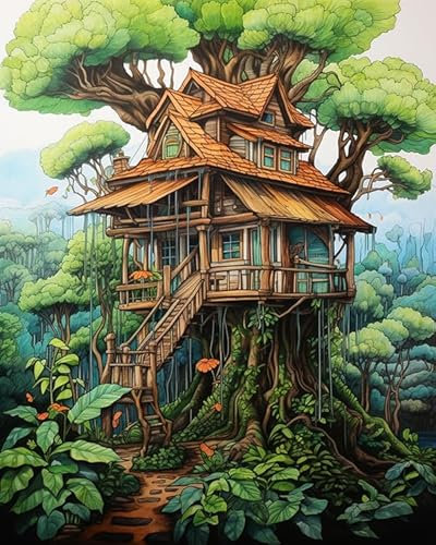 malen nach zahlen anfänger erwachsene,Baumhaus im Wald,Paint by Numbers,Handgemalt Ölgemälde Leinwand Bastelset für Geschenk,40x50cm rahmenlos