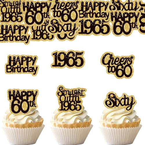 ENLACE Essbare Tortendeko 60 Geburtstag Mann Frau,48 Stk Cupcake Topper 60 Geburtstag Deko Torte Essbar,Esspapier Happy 60th Birthday Kuchendeko 1965 Frau,Muffin Deko 60 Jahre Cake Topper