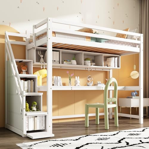 FEZTOY Hochbett mit Bücherregal und Stauraumtreppe für Kinder, Kinderbett mit Schreibtisch, inklusive Lattenrost, 90x200cm, Bettgestell, für Jungen und Mädchen, Weiß