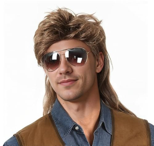 SEFIRST 3 Stück Männer Vokuhila Perücke Herren mit Haarnetz und Sonnenbrille, 80er Jahre Outfit Herren, Synthetische Perücke für Karneval, Halloween, Partys, Rocker, Punk 90s, Faschingskostüme (Braun