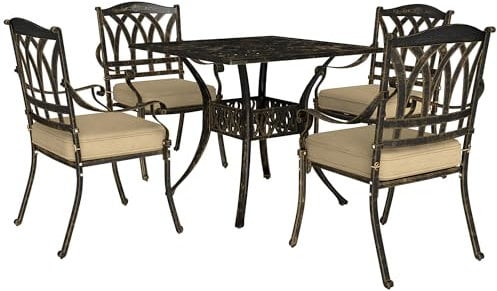Outsunny 5 Pieces Cast Aluminium Garden Dining Set, 4 Seater Garden Table and Chairs with Parasol Hole, Outdoor Garden Furniture Set with Cushions for Patio, Bronze Tone