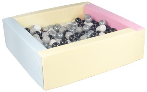 Velinda Piscine à balles carrée avec 200 balles, Cuir écologique, 5 éléments (Couleur de la Piscine/de balles: Rose, Bleu, Jaune (Pastel)/Noir, Blanc, Gris, Argent)