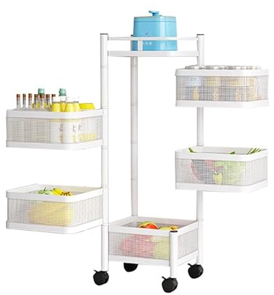 Panier De Fruits Et Légumes Rotatif, Support De Rangement Carré De Cuisine, Support De Stockage De Fruits Rotatif, Chariot De Rangement Pour Cuisine Avec 4 Roues - 5 ÉTagèRe En Carré Panier Blanc