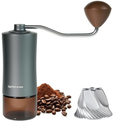 Optistream Manual Stainless Steel Coffee Grinder - Portable Conical Burr Grinder for Camping, Travel, Espresso - With Hand Crank（gun color）